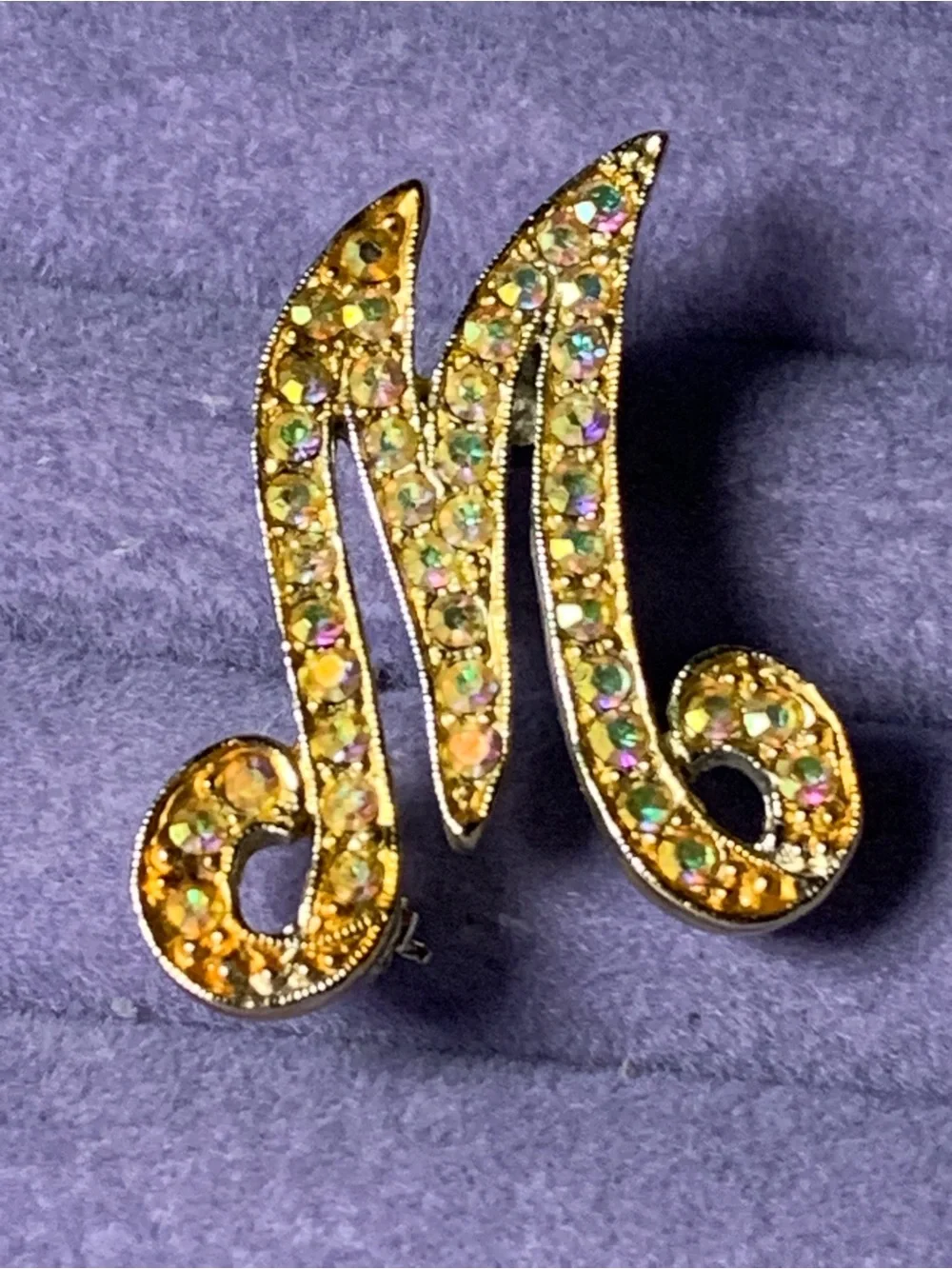 Vintage Rhinestone Initial M Brooch, Cursive Script